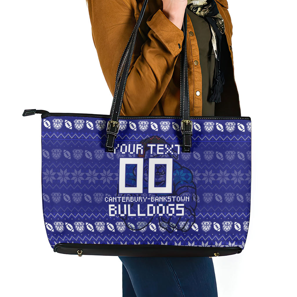 Personalized Canterbury Bulldogs Christmas Leather Tote Bag Australian Rugby Fans - Pixelated Ugly Xmas Pattern Mascot Santa