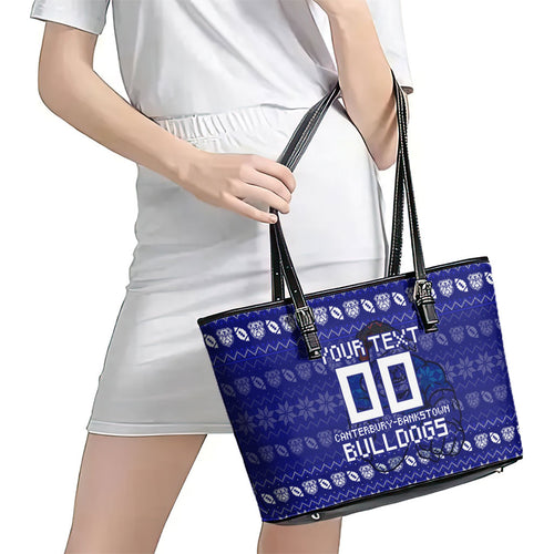 Personalized Canterbury Bulldogs Christmas Leather Tote Bag Australian Rugby Fans - Pixelated Ugly Xmas Pattern Mascot Santa
