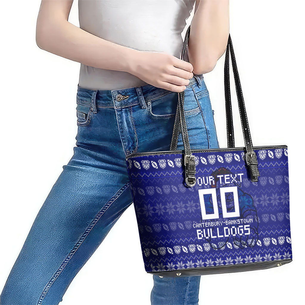 Personalized Canterbury Bulldogs Christmas Leather Tote Bag Australian Rugby Fans - Pixelated Ugly Xmas Pattern Mascot Santa