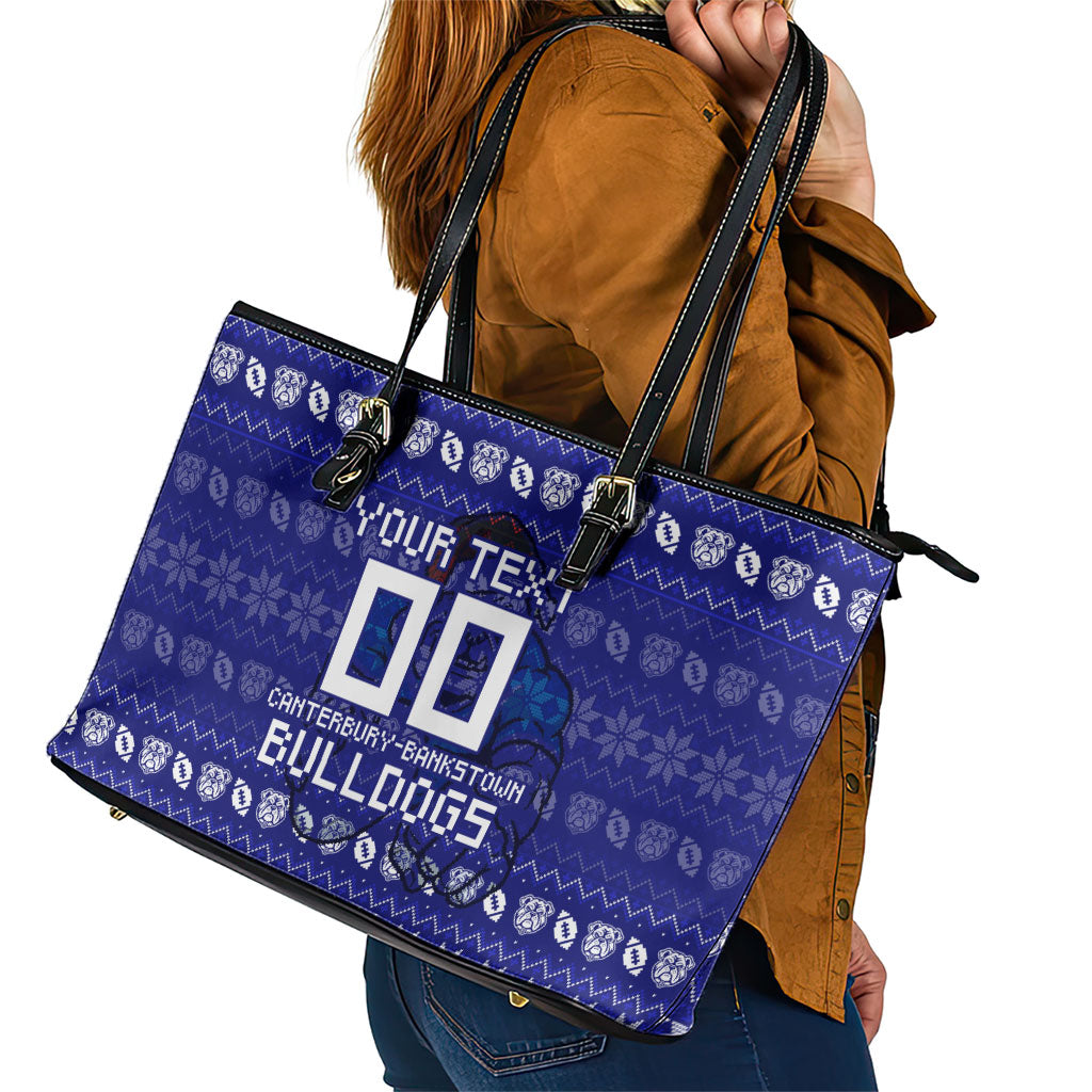 Personalized Canterbury Bulldogs Christmas Leather Tote Bag Australian Rugby Fans - Pixelated Ugly Xmas Pattern Mascot Santa