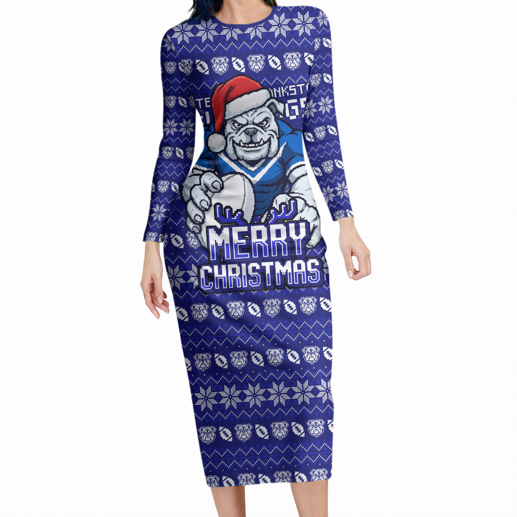Personalized Canterbury Bulldogs Christmas Long Sleeve Bodycon Dress Australian Rugby Fans - Pixelated Ugly Xmas Pattern Mascot Santa
