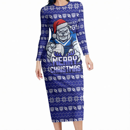 Personalized Canterbury Bulldogs Christmas Long Sleeve Bodycon Dress Australian Rugby Fans - Pixelated Ugly Xmas Pattern Mascot Santa