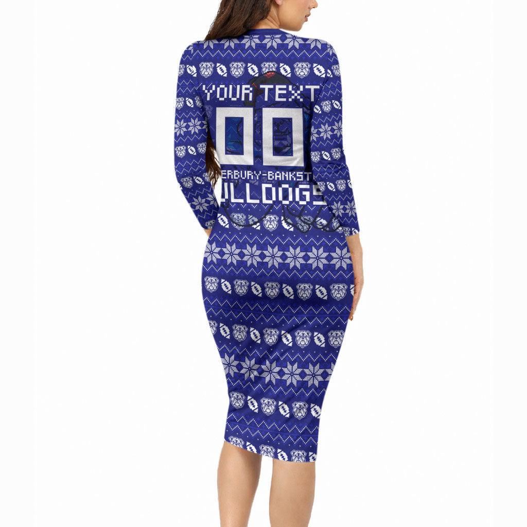 Personalized Canterbury Bulldogs Christmas Long Sleeve Bodycon Dress Australian Rugby Fans - Pixelated Ugly Xmas Pattern Mascot Santa