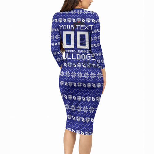 Personalized Canterbury Bulldogs Christmas Long Sleeve Bodycon Dress Australian Rugby Fans - Pixelated Ugly Xmas Pattern Mascot Santa