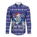Personalized Canterbury Bulldogs Christmas Long Sleeve Button Shirt Australian Rugby Fans - Pixelated Ugly Xmas Pattern Mascot Santa