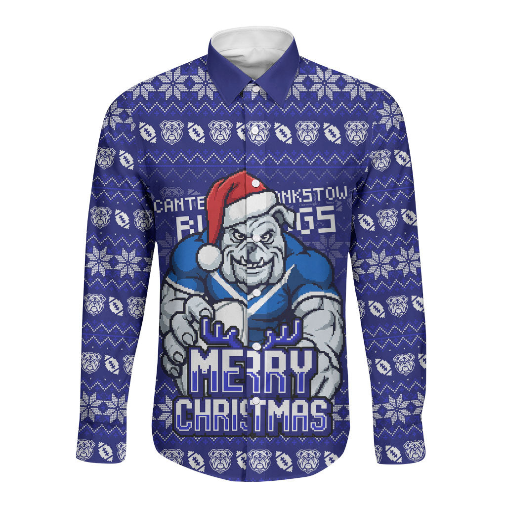 Personalized Canterbury Bulldogs Christmas Long Sleeve Button Shirt Australian Rugby Fans - Pixelated Ugly Xmas Pattern Mascot Santa