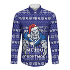 Personalized Canterbury Bulldogs Christmas Long Sleeve Button Shirt Australian Rugby Fans - Pixelated Ugly Xmas Pattern Mascot Santa