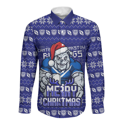 Personalized Canterbury Bulldogs Christmas Long Sleeve Button Shirt Australian Rugby Fans - Pixelated Ugly Xmas Pattern Mascot Santa