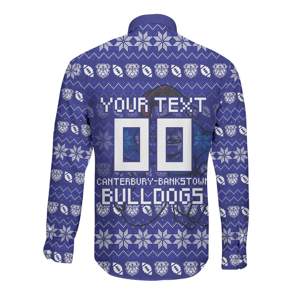 Personalized Canterbury Bulldogs Christmas Long Sleeve Button Shirt Australian Rugby Fans - Pixelated Ugly Xmas Pattern Mascot Santa