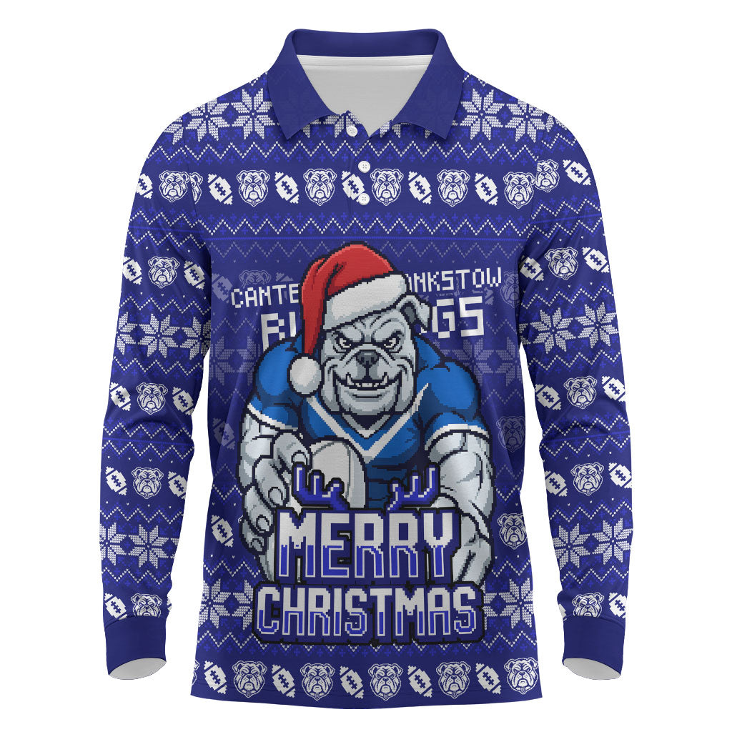 Personalized Canterbury Bulldogs Christmas Long Sleeve Polo Shirt Australian Rugby Fans - Pixelated Ugly Xmas Pattern Mascot Santa