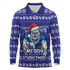 Personalized Canterbury Bulldogs Christmas Long Sleeve Polo Shirt Australian Rugby Fans - Pixelated Ugly Xmas Pattern Mascot Santa