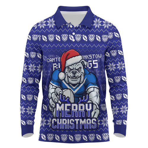 Personalized Canterbury Bulldogs Christmas Long Sleeve Polo Shirt Australian Rugby Fans - Pixelated Ugly Xmas Pattern Mascot Santa