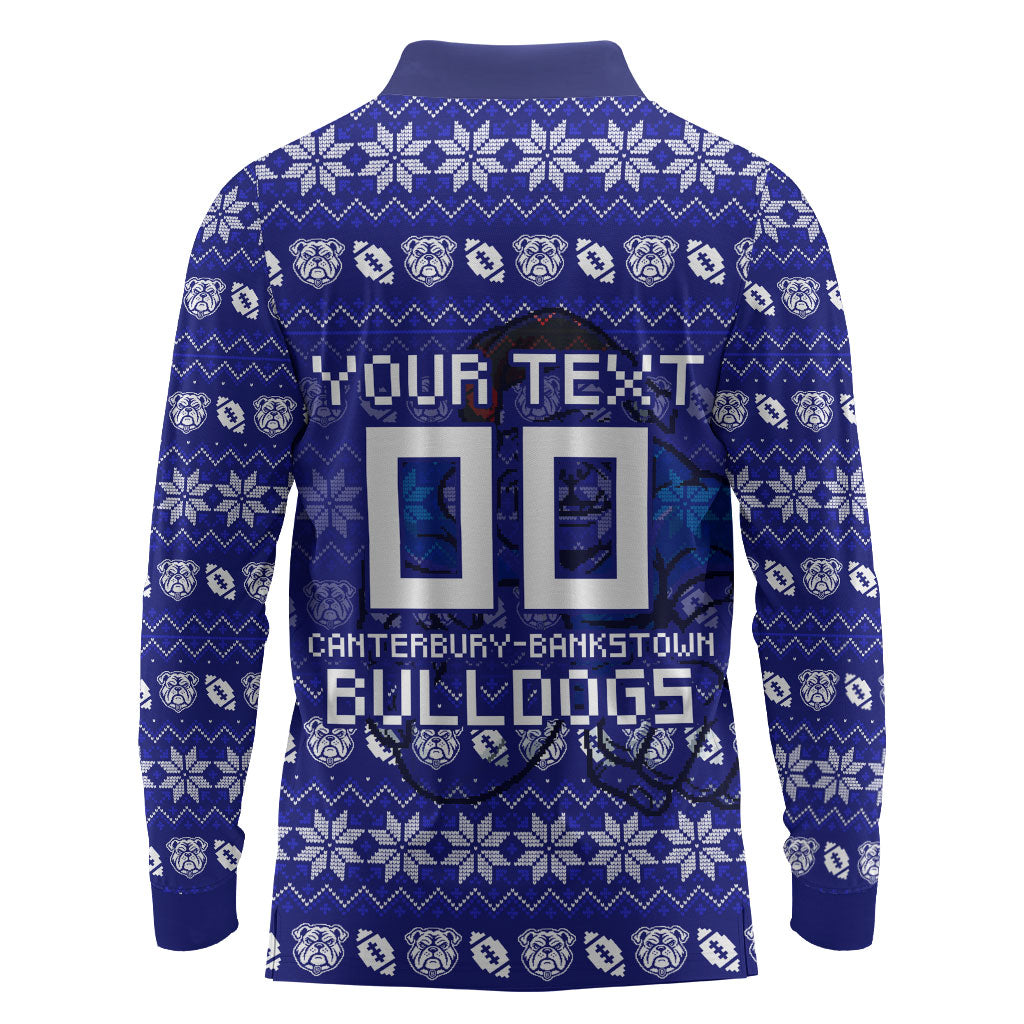 Personalized Canterbury Bulldogs Christmas Long Sleeve Polo Shirt Australian Rugby Fans - Pixelated Ugly Xmas Pattern Mascot Santa