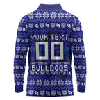 Personalized Canterbury Bulldogs Christmas Long Sleeve Polo Shirt Australian Rugby Fans - Pixelated Ugly Xmas Pattern Mascot Santa
