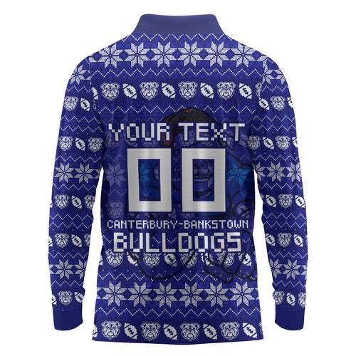 Personalized Canterbury Bulldogs Christmas Long Sleeve Polo Shirt Australian Rugby Fans - Pixelated Ugly Xmas Pattern Mascot Santa