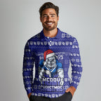 Personalized Canterbury Bulldogs Christmas Long Sleeve Polo Shirt Australian Rugby Fans - Pixelated Ugly Xmas Pattern Mascot Santa