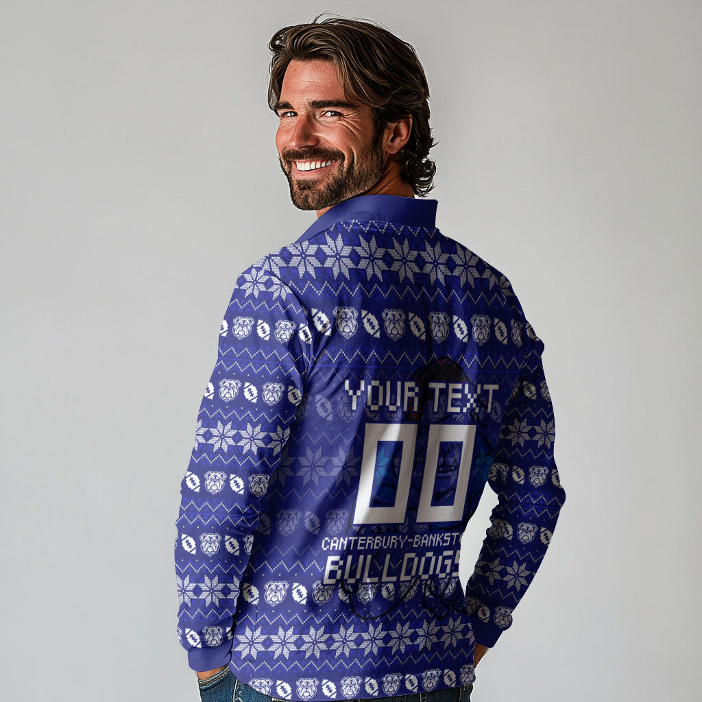 Personalized Canterbury Bulldogs Christmas Long Sleeve Polo Shirt Australian Rugby Fans - Pixelated Ugly Xmas Pattern Mascot Santa