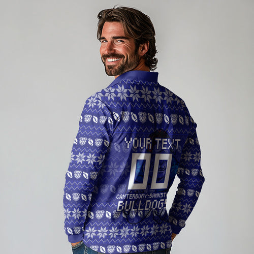Personalized Canterbury Bulldogs Christmas Long Sleeve Polo Shirt Australian Rugby Fans - Pixelated Ugly Xmas Pattern Mascot Santa