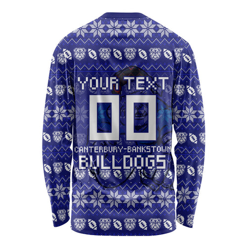 Personalized Canterbury Bulldogs Christmas Long Sleeve Shirt Australian Rugby Fans - Pixelated Ugly Xmas Pattern Mascot Santa