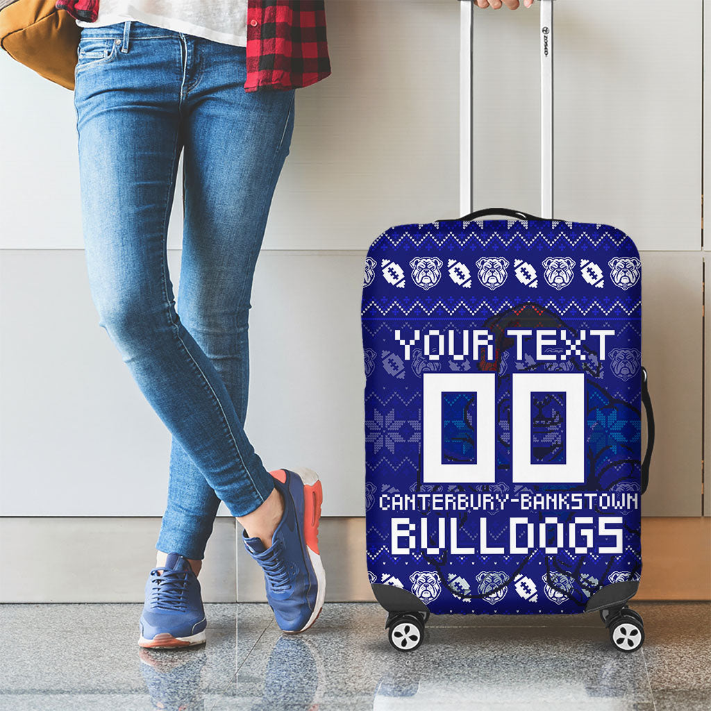 Personalized Canterbury Bulldogs Christmas Luggage Cover Australian Rugby Fans - Pixelated Ugly Xmas Pattern Mascot Santa