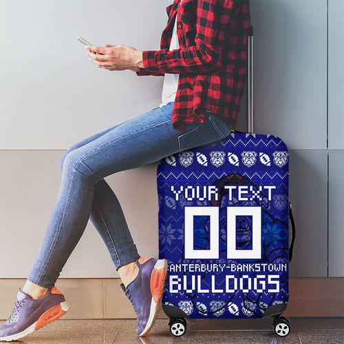 Personalized Canterbury Bulldogs Christmas Luggage Cover Australian Rugby Fans - Pixelated Ugly Xmas Pattern Mascot Santa