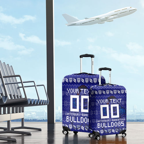 Personalized Canterbury Bulldogs Christmas Luggage Cover Australian Rugby Fans - Pixelated Ugly Xmas Pattern Mascot Santa