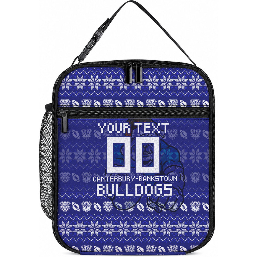 Personalized Canterbury Bulldogs Christmas Lunch Bag Australian Rugby Fans - Pixelated Ugly Xmas Pattern Mascot Santa