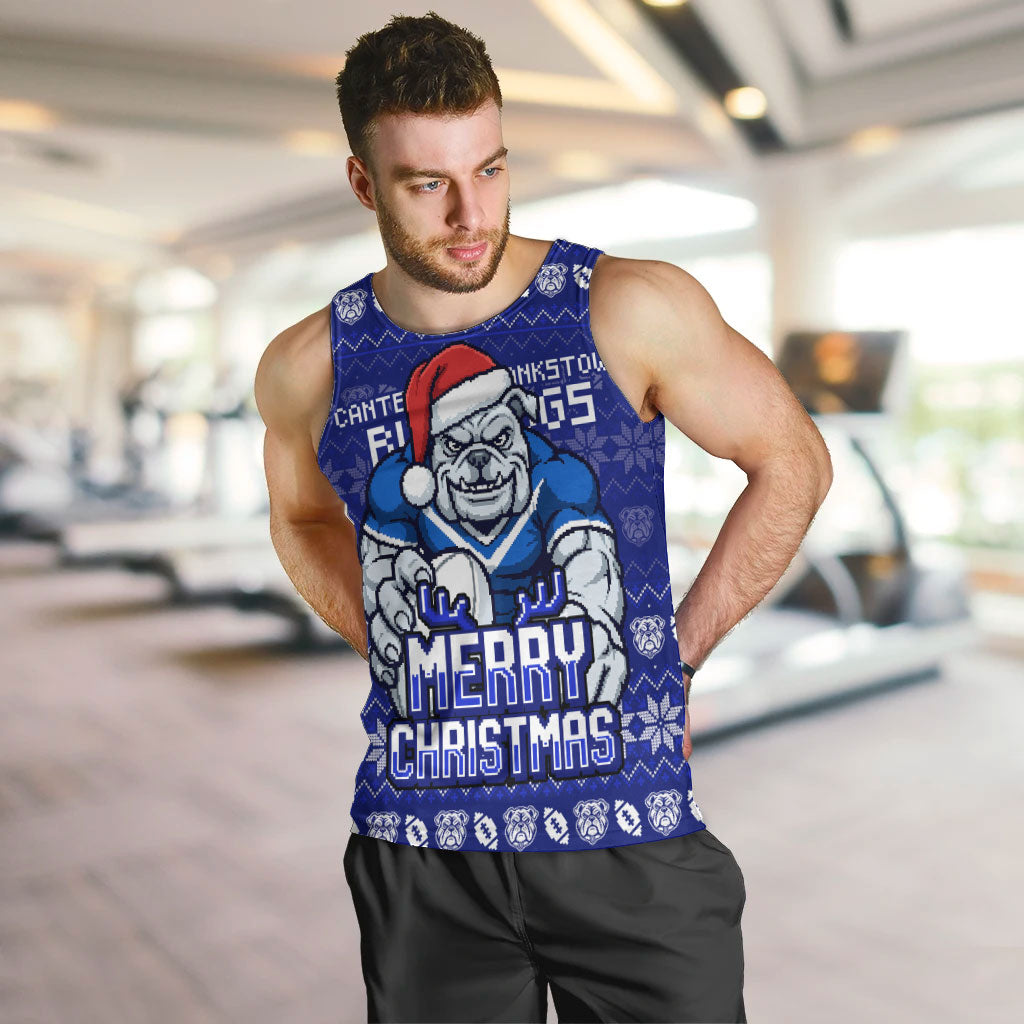Personalized Canterbury Bulldogs Christmas Men Tank Top Australian Rugby Fans - Pixelated Ugly Xmas Pattern Mascot Santa