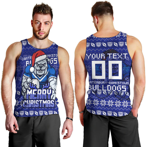 Personalized Canterbury Bulldogs Christmas Men Tank Top Australian Rugby Fans - Pixelated Ugly Xmas Pattern Mascot Santa