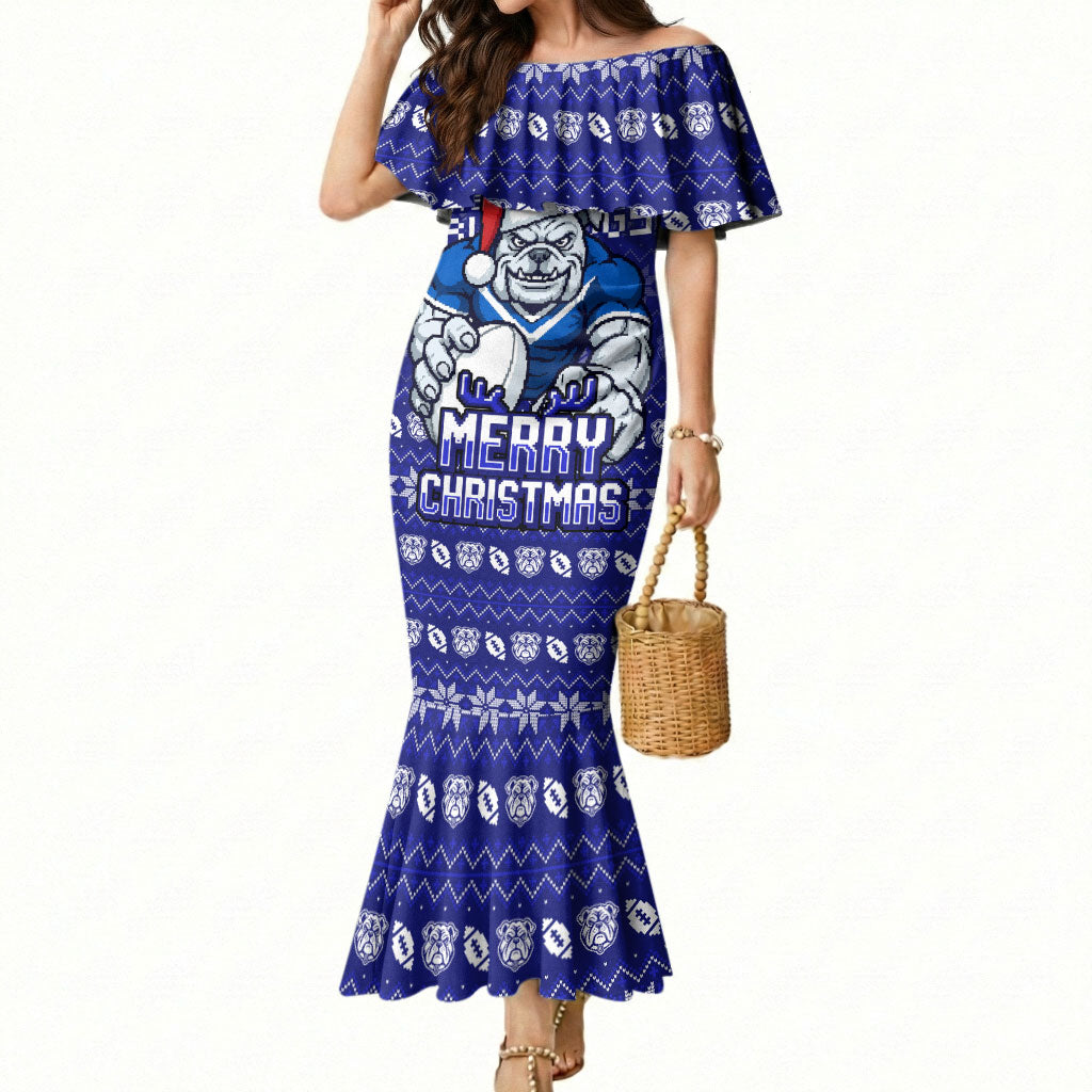 Personalized Canterbury Bulldogs Christmas Mermaid Dress Australian Rugby Fans - Pixelated Ugly Xmas Pattern Mascot Santa