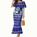 Personalized Canterbury Bulldogs Christmas Mermaid Dress Australian Rugby Fans - Pixelated Ugly Xmas Pattern Mascot Santa