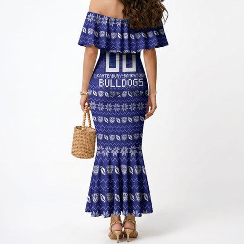 Personalized Canterbury Bulldogs Christmas Mermaid Dress Australian Rugby Fans - Pixelated Ugly Xmas Pattern Mascot Santa