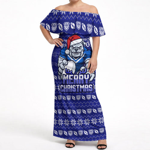 Personalized Canterbury Bulldogs Christmas Off Shoulder Maxi Dress Australian Rugby Fans - Pixelated Ugly Xmas Pattern Mascot Santa