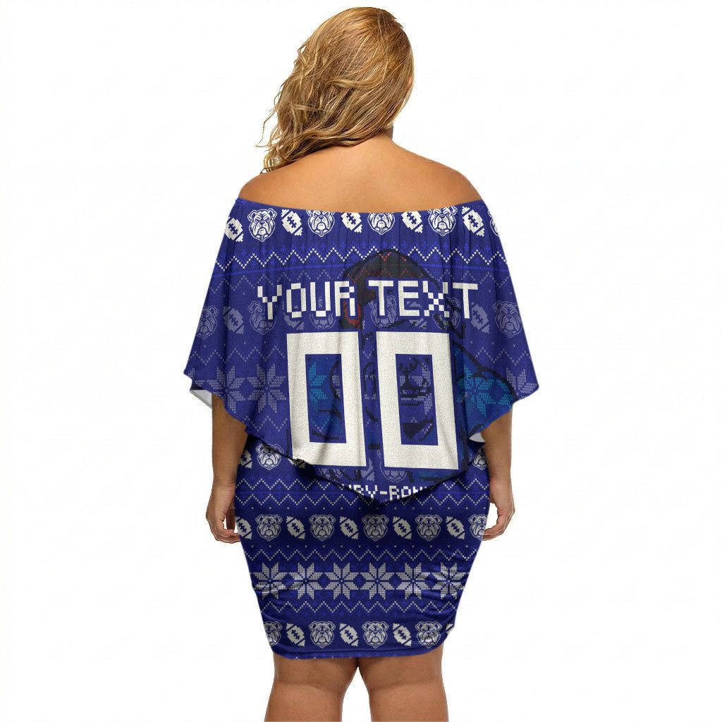 Personalized Canterbury Bulldogs Christmas Off Shoulder Short Dress Australian Rugby Fans - Pixelated Ugly Xmas Pattern Mascot Santa