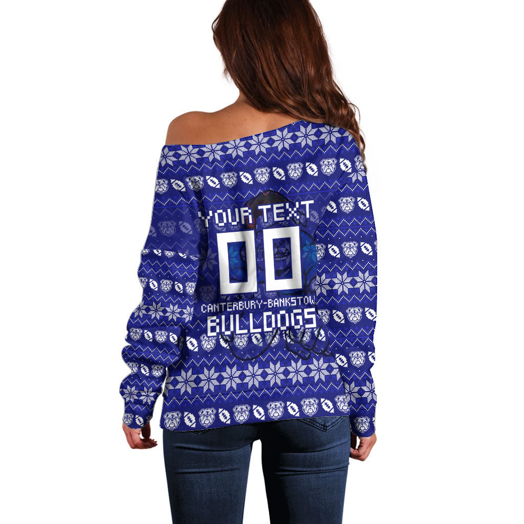 Personalized Canterbury Bulldogs Christmas Off Shoulder Sweater Australian Rugby Fans - Pixelated Ugly Xmas Pattern Mascot Santa