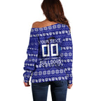 Personalized Canterbury Bulldogs Christmas Off Shoulder Sweater Australian Rugby Fans - Pixelated Ugly Xmas Pattern Mascot Santa