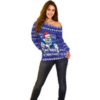 Personalized Canterbury Bulldogs Christmas Off Shoulder Sweater Australian Rugby Fans - Pixelated Ugly Xmas Pattern Mascot Santa
