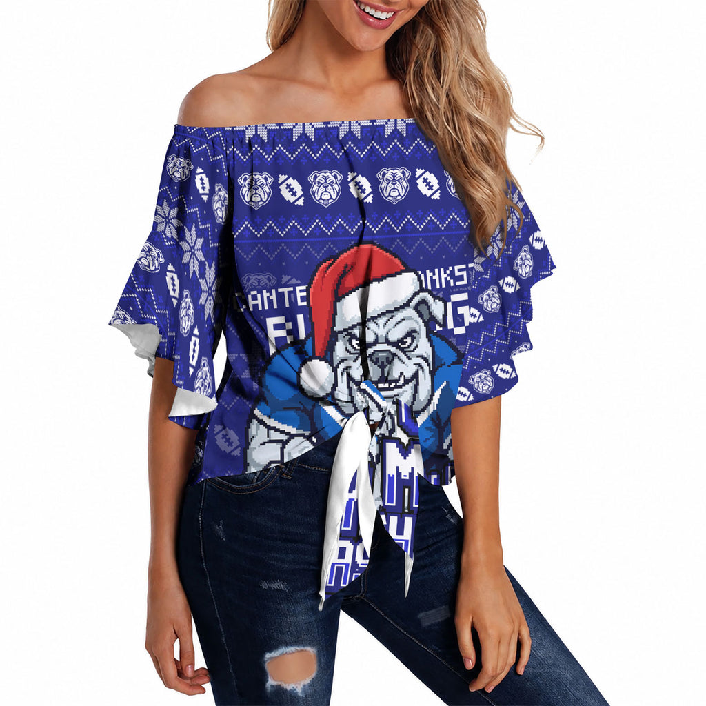 Personalized Canterbury Bulldogs Christmas Off Shoulder Wrap Waist Top Australian Rugby Fans - Pixelated Ugly Xmas Pattern Mascot Santa