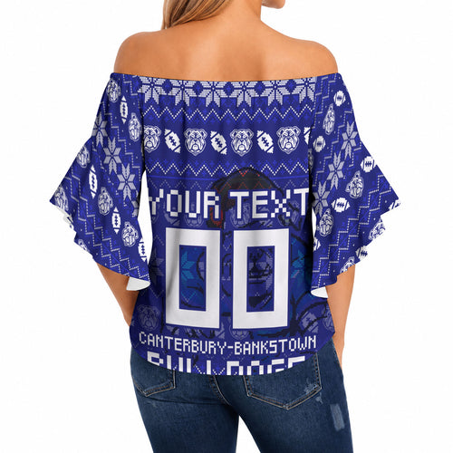 Personalized Canterbury Bulldogs Christmas Off Shoulder Wrap Waist Top Australian Rugby Fans - Pixelated Ugly Xmas Pattern Mascot Santa