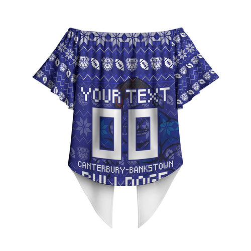 Personalized Canterbury Bulldogs Christmas Off Shoulder Wrap Waist Top Australian Rugby Fans - Pixelated Ugly Xmas Pattern Mascot Santa
