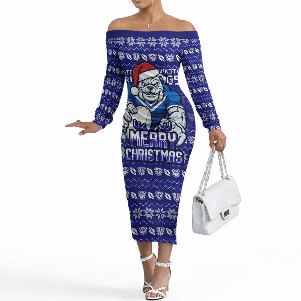 Personalized Canterbury Bulldogs Christmas Off The Shoulder Long Sleeve Dress Australian Rugby Fans - Pixelated Ugly Xmas Pattern Mascot Santa