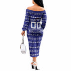 Personalized Canterbury Bulldogs Christmas Off The Shoulder Long Sleeve Dress Australian Rugby Fans - Pixelated Ugly Xmas Pattern Mascot Santa