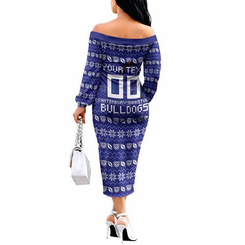 Personalized Canterbury Bulldogs Christmas Off The Shoulder Long Sleeve Dress Australian Rugby Fans - Pixelated Ugly Xmas Pattern Mascot Santa