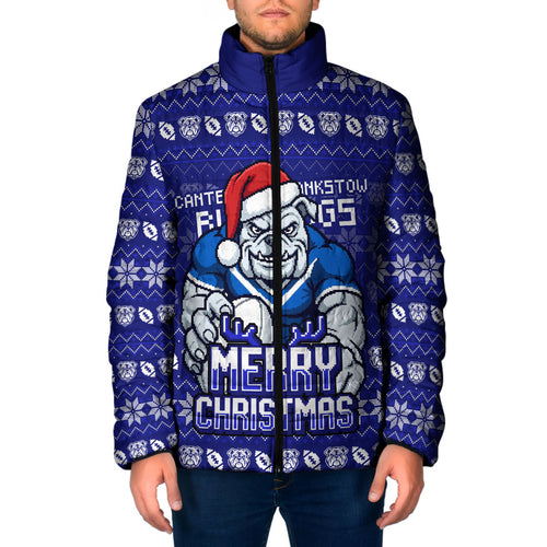 Personalized Canterbury Bulldogs Christmas Padded Jacket Australian Rugby Fans - Pixelated Ugly Xmas Pattern Mascot Santa
