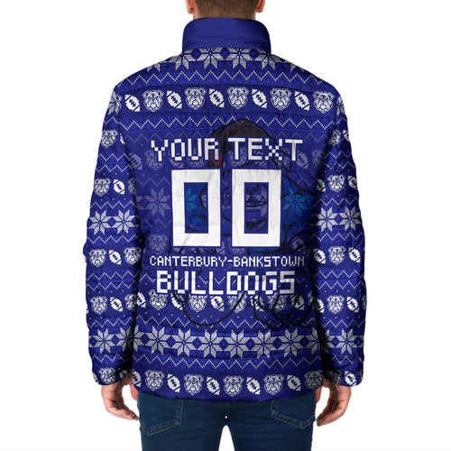 Personalized Canterbury Bulldogs Christmas Padded Jacket Australian Rugby Fans - Pixelated Ugly Xmas Pattern Mascot Santa