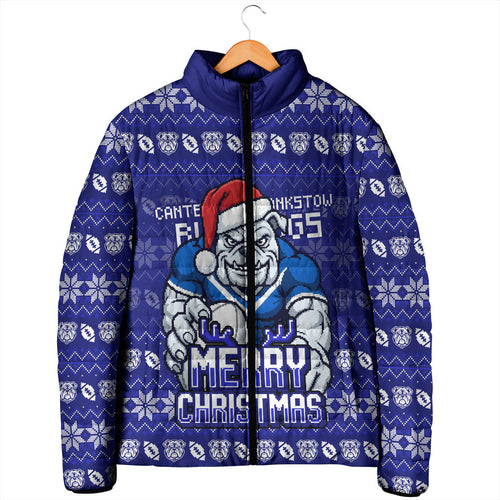 Personalized Canterbury Bulldogs Christmas Padded Jacket Australian Rugby Fans - Pixelated Ugly Xmas Pattern Mascot Santa