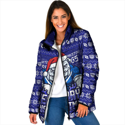 Personalized Canterbury Bulldogs Christmas Padded Jacket Australian Rugby Fans - Pixelated Ugly Xmas Pattern Mascot Santa