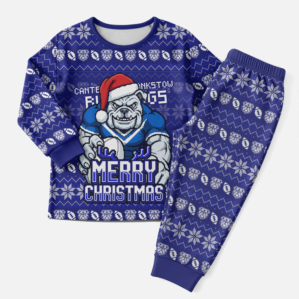 Personalized Canterbury Bulldogs Christmas Pajama Set Australian Rugby Fans - Pixelated Ugly Xmas Pattern Mascot Santa