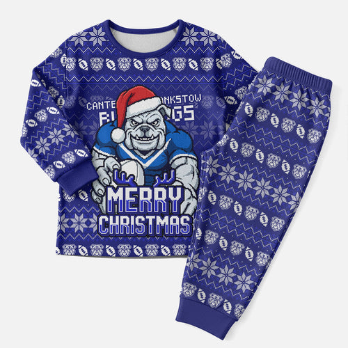 Personalized Canterbury Bulldogs Christmas Pajama Set Australian Rugby Fans - Pixelated Ugly Xmas Pattern Mascot Santa