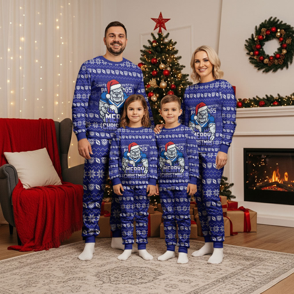 Personalized Canterbury Bulldogs Christmas Pajama Set Australian Rugby Fans - Pixelated Ugly Xmas Pattern Mascot Santa